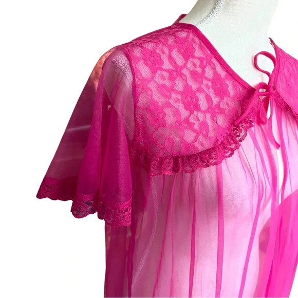 Elsie of Miami hot pink sheer nylon peignoir robe – lace yoke, flutter sleeves - Picture 4 of 8
